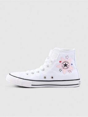 Converse White High-Top Canvas Sneaker with Pink Star Patch easy on doodles